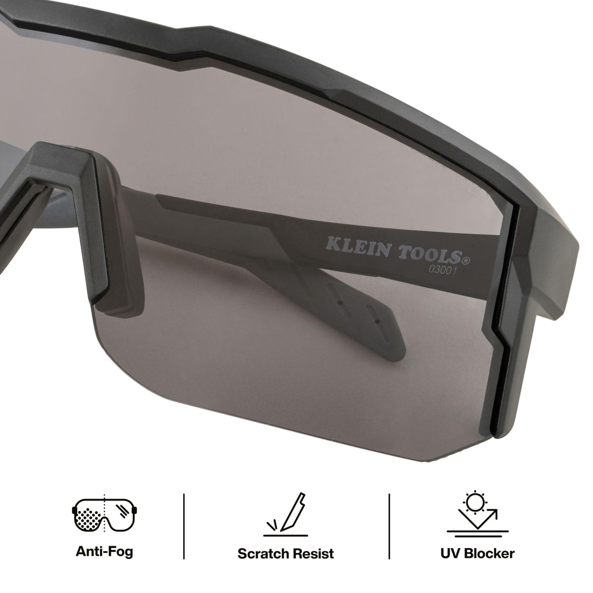 Klein Tools Blade Safety Glasses anti-fog coating keeps lenses clear at dusty job sites.