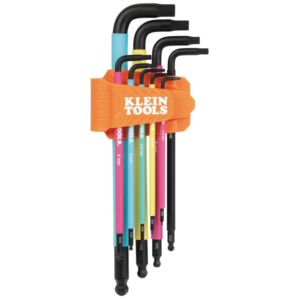 Klein Tools BLS9M hex key caddy with color-coded sleeves for quick size recognition.
