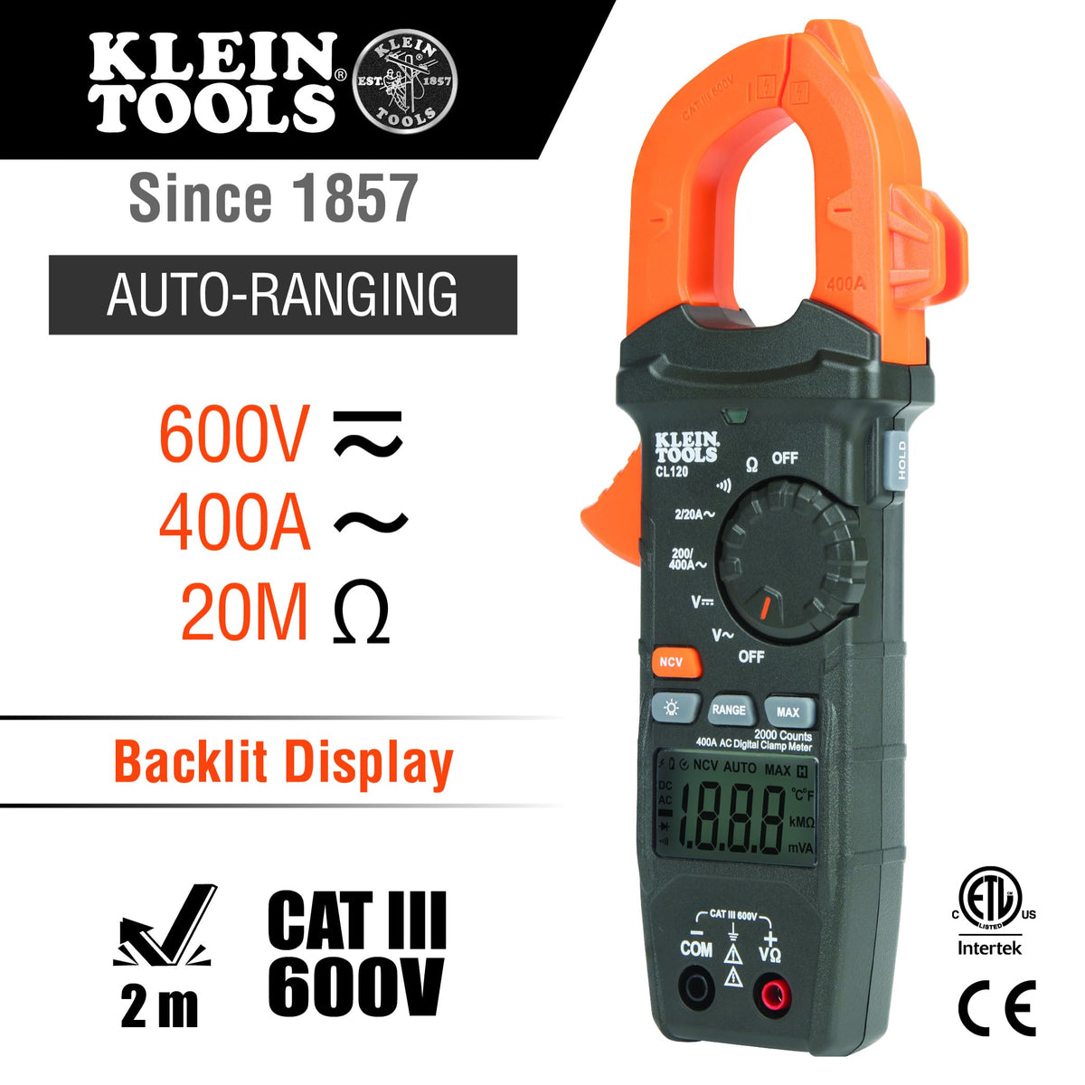 Klein Tools CL120 close-up of the clamp jaw enabling quick AC current measurements