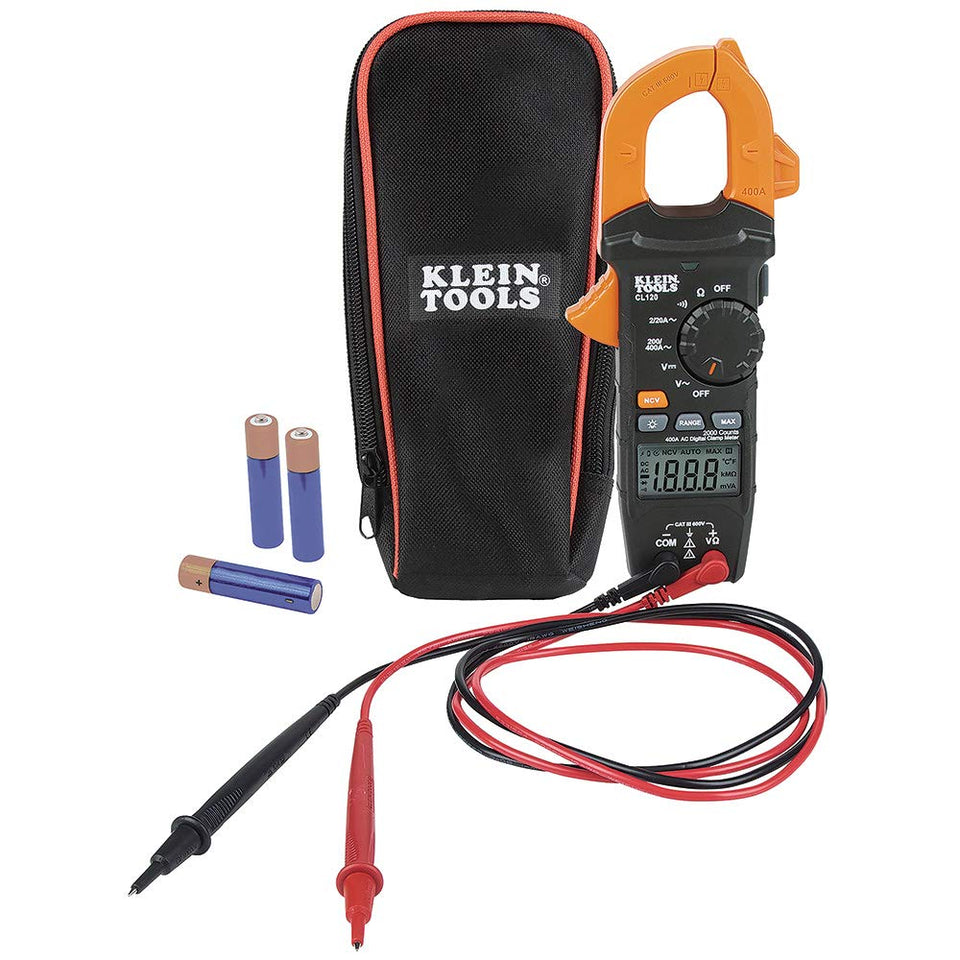 Klein Tools CL120 front view with a clear digital display for precise readings