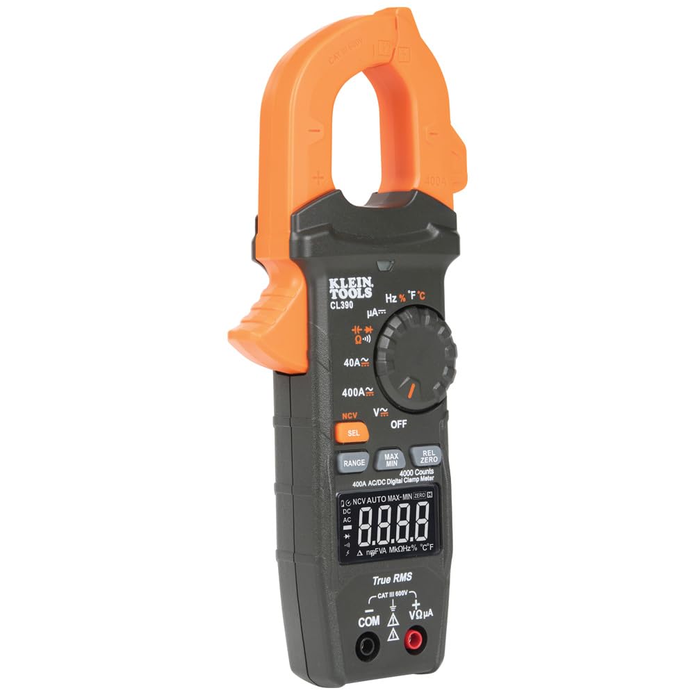 Klein Tools CL390 temperature read with thermocouple for temperature-aware diagnostics.