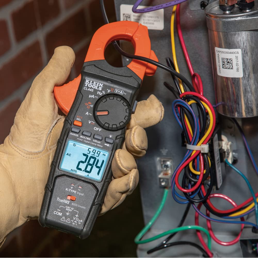 Klein Tools CL445 dual display shows voltage and current simultaneously