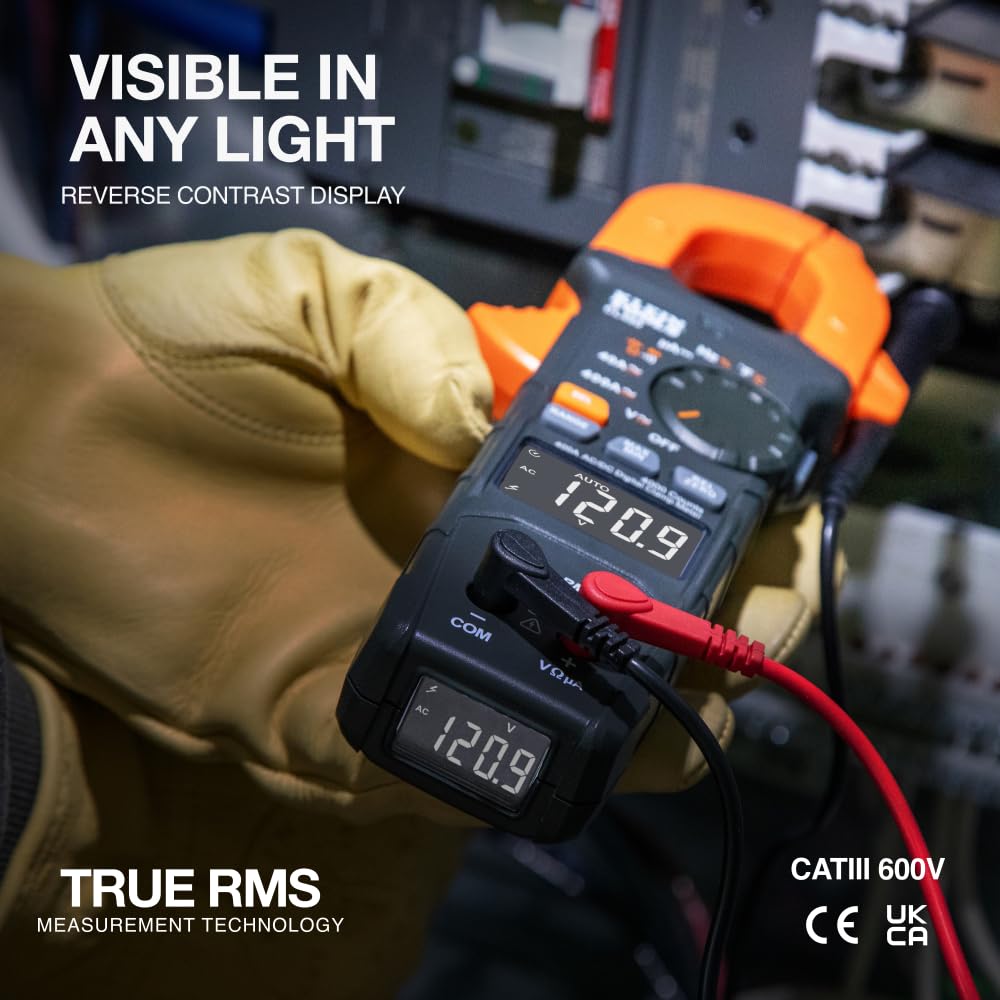 Klein Tools CL490 backlit reverse-contrast LCD in low-light conditions.