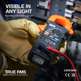 Klein Tools CL490 backlit reverse-contrast LCD in low-light conditions.