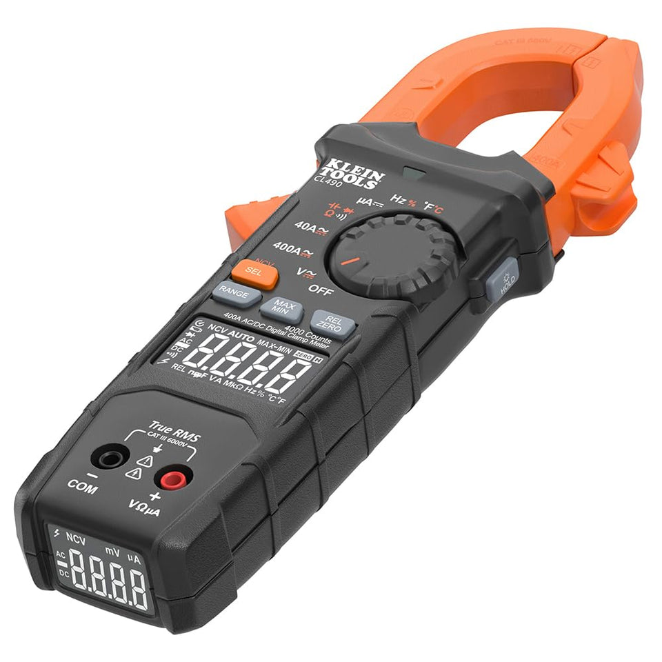 Klein Tools CL490 dual-display clamp meter shown for clear viewing in tight spaces.