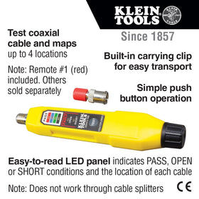 Klein Tools Coax Explorer 2 LED panel shows PASS, OPEN, SHORT for quick identification