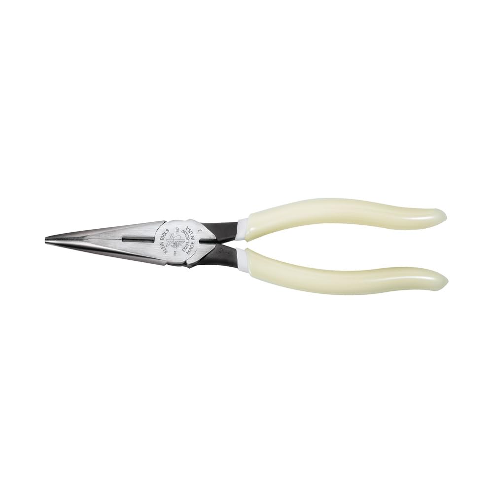Klein Tools D203-8-GLW long-nose pliers with glow grip, easy to locate in dim light.