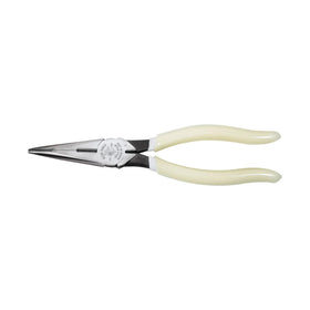 Klein Tools D203-8-GLW long-nose pliers with glow grip, easy to locate in dim light.