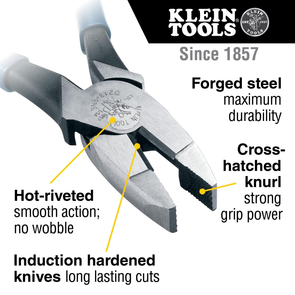 Klein Tools D213-8NE cross-hatched jaws provide secure grip during wire work.