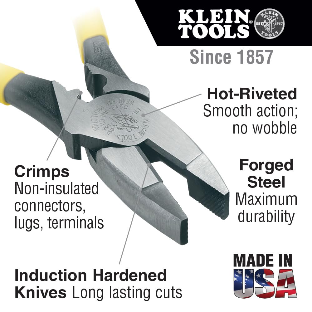 Klein Tools D213-9NE-CR pliers side view: high-leverage design for tougher cuts