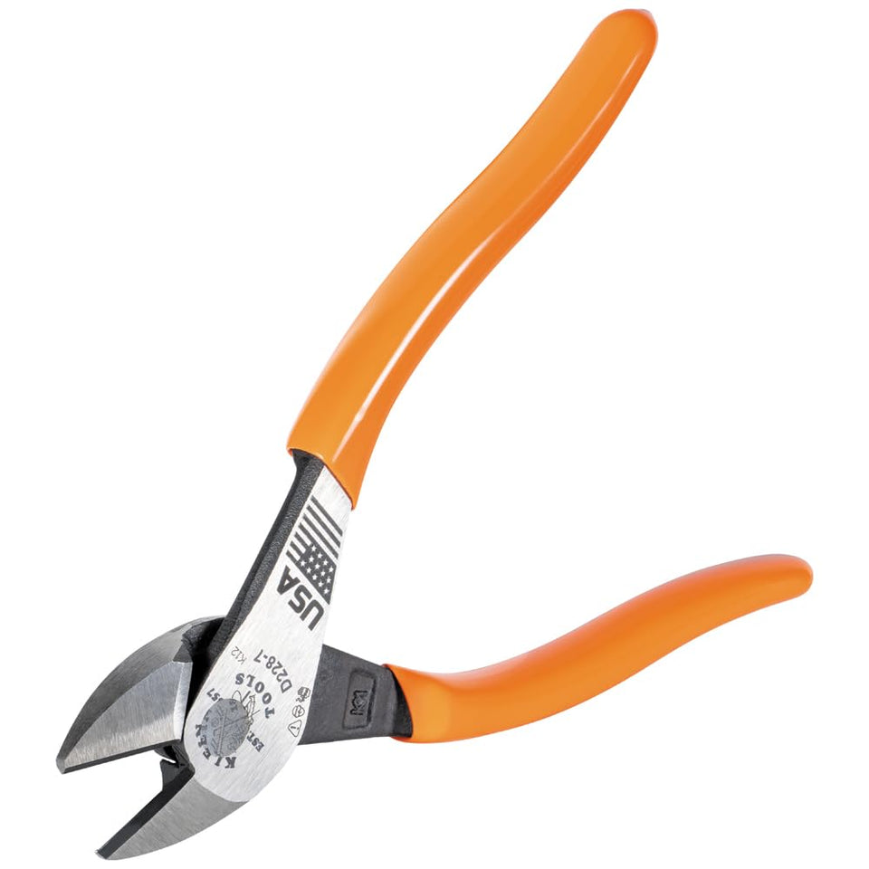 Klein Tools D228-7 pliers close-up showing high-leverage design for extra cutting power
