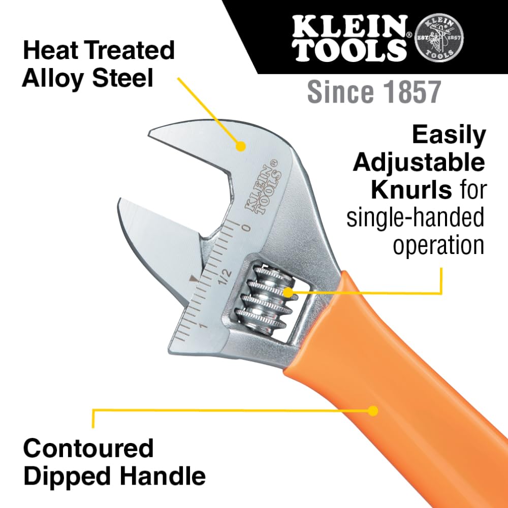 Klein Tools D5073 8-inch adjustable wrench with dipped handle for easier grip.