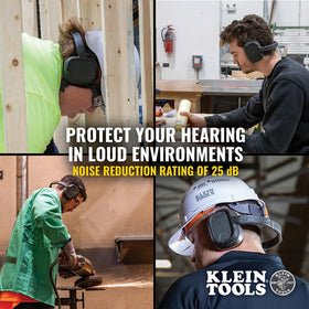 Klein Tools earmuffs featuring a pivot mechanism for neck carry when not in use.