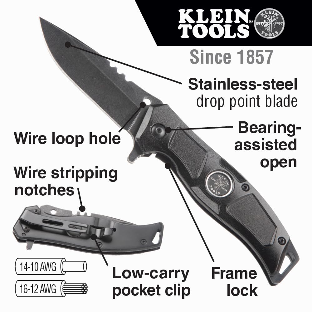 Klein Tools pocket knife features aluminum handle for lightweight, comfortable use.