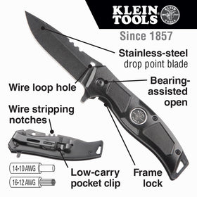 Klein Tools pocket knife features aluminum handle for lightweight, comfortable use.