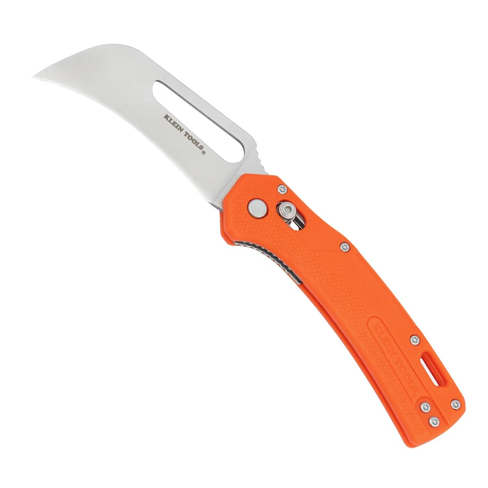 Klein Tools Electrician’s pocket knife blade close-up for precise cable work.