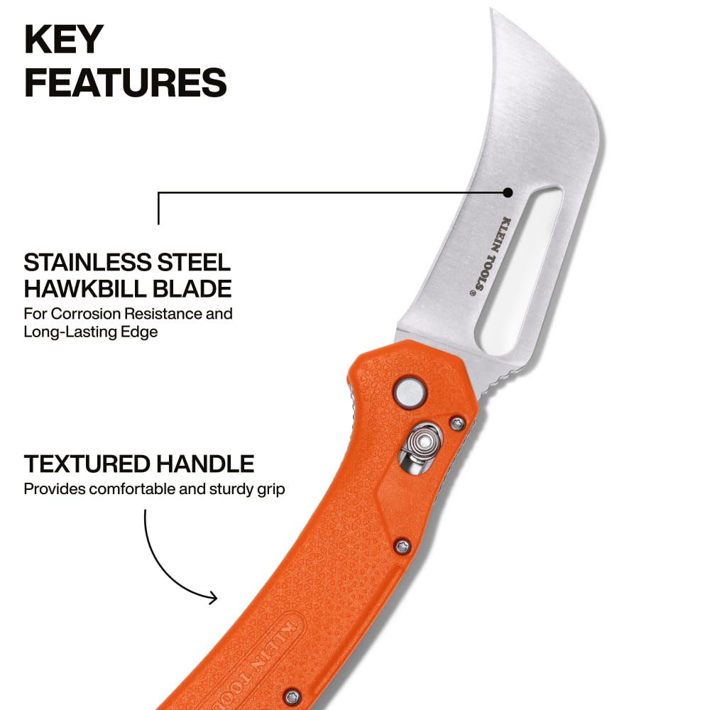 Klein Tools pocket knife hawkbill blade for stripping and cutting tasks.