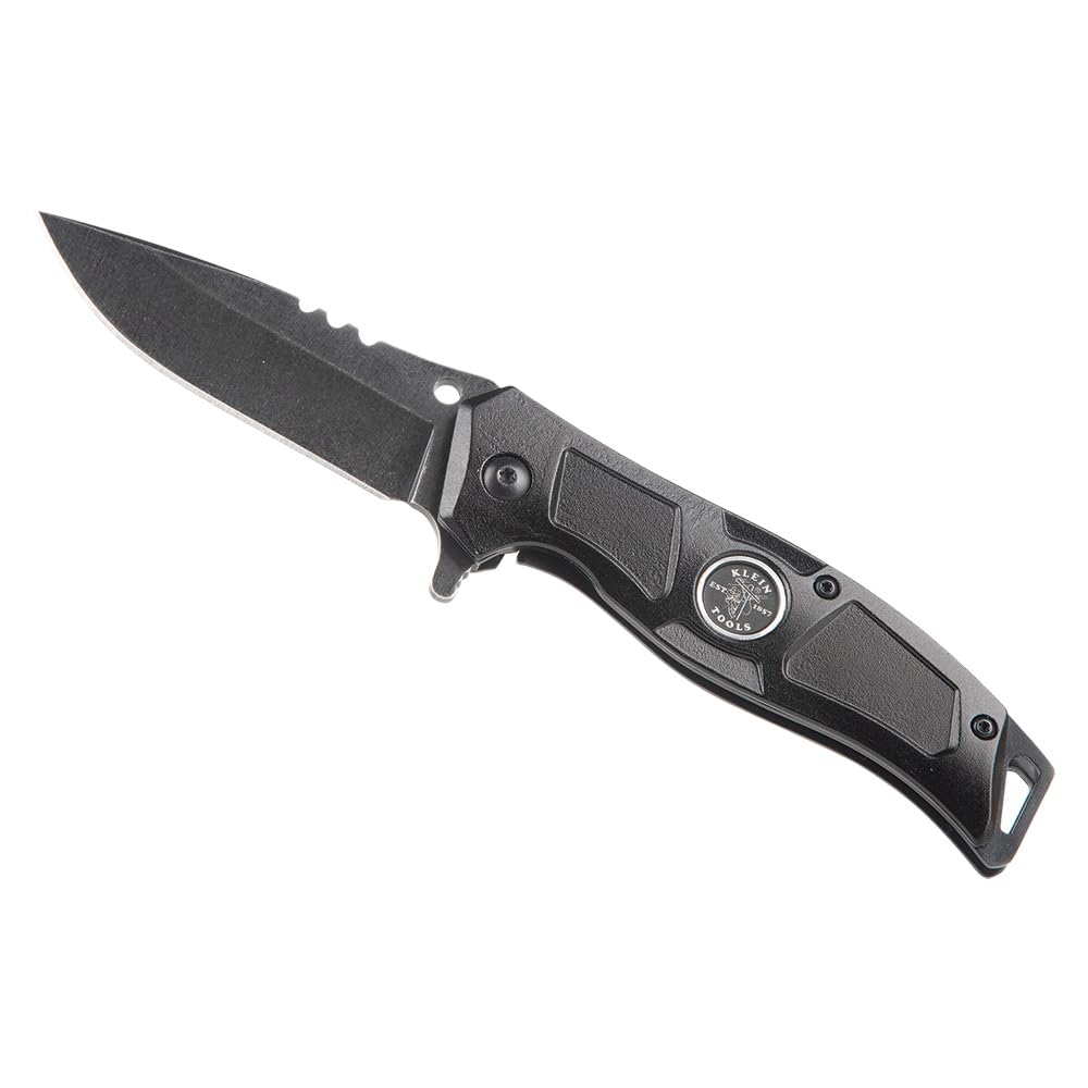 Klein Tools electrician's pocket knife with precision drop point blade for clean cuts on site.
