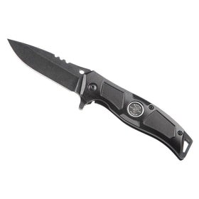 Klein Tools electrician's pocket knife with precision drop point blade for clean cuts on site.
