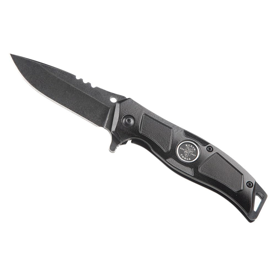 Klein Tools electrician's pocket knife with precision drop point blade for clean cuts on site.