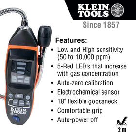 Klein Tools ET120 85 dB audible alerts with visual cues for gas leaks.