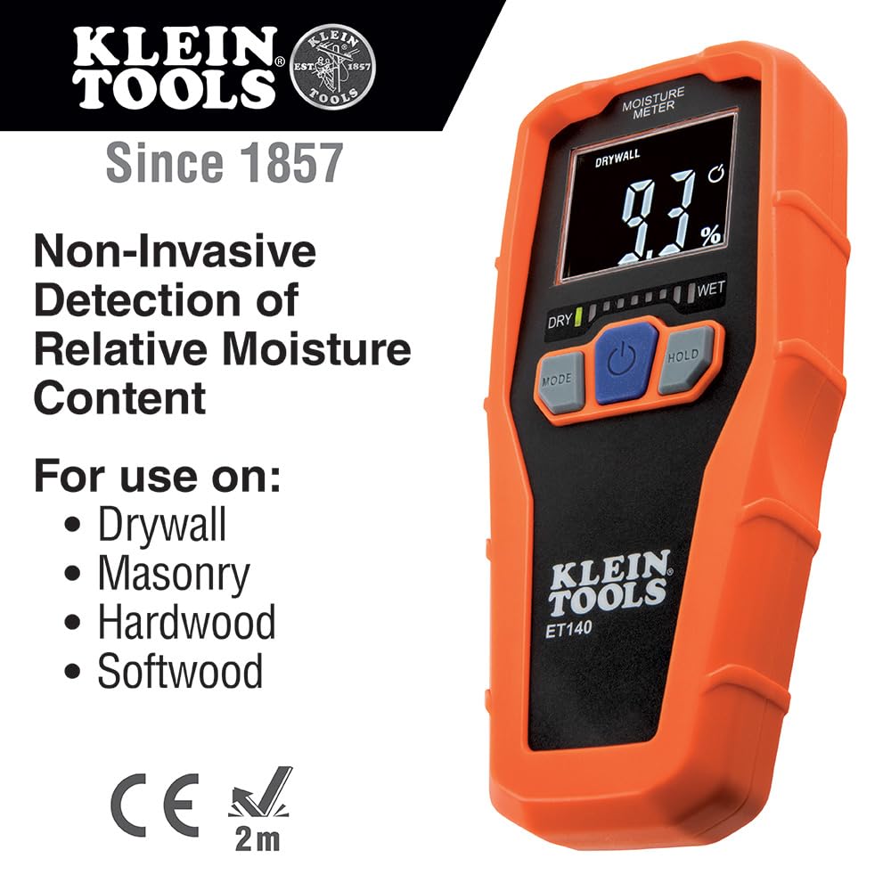 Klein Tools ET140 in hand demonstrates pinless, non-destructive moisture checks.