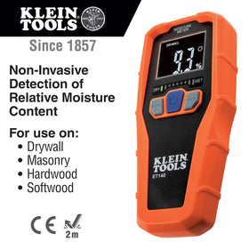 Klein Tools ET140 in hand demonstrates pinless, non-destructive moisture checks.