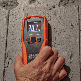 Klein Tools ET140 kit includes meter, 9V battery, and manual.