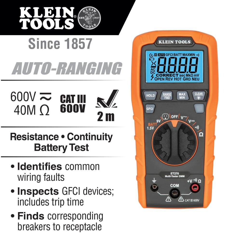 Klein Tools ET270 backlit display for clear readings in dim spaces.