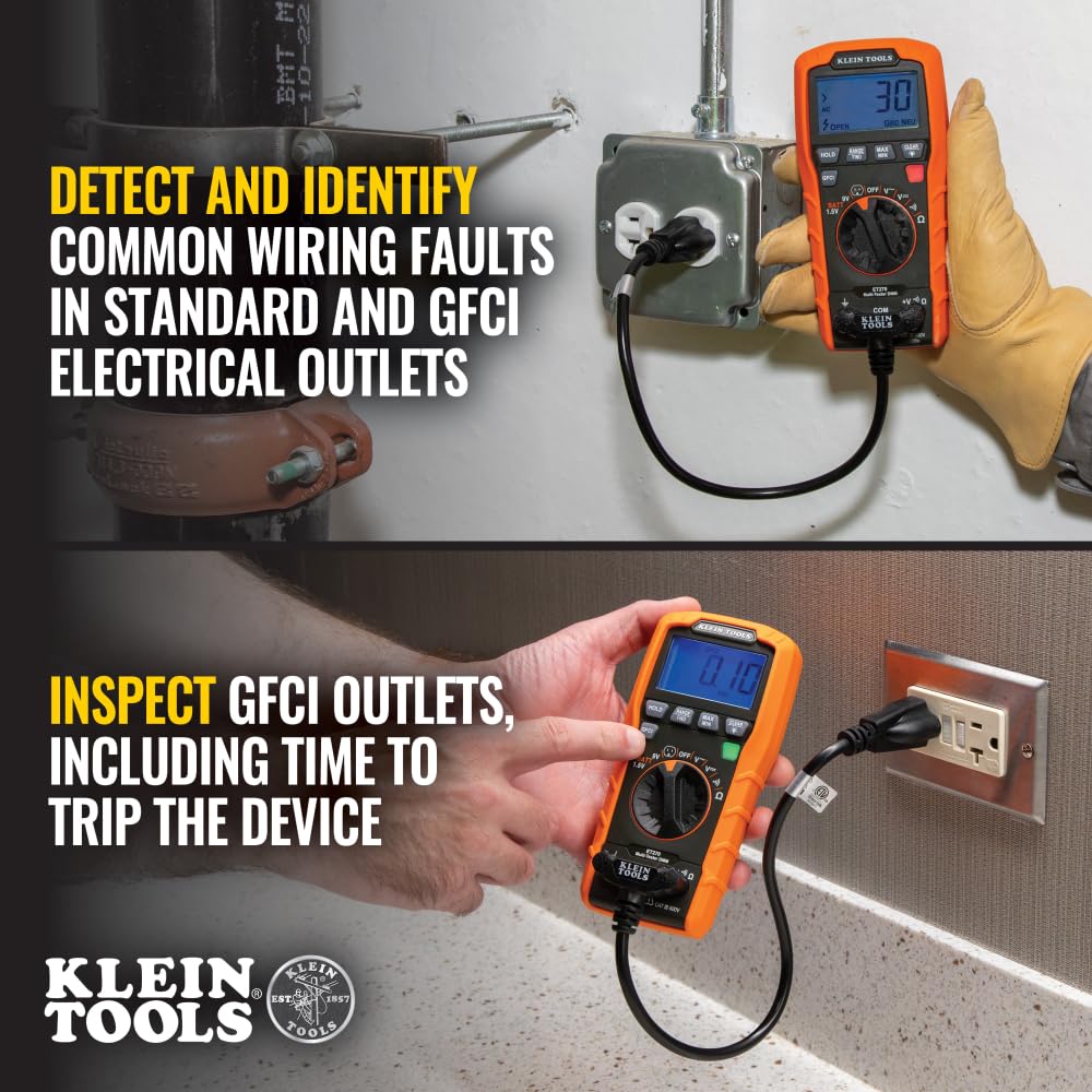 Klein Tools ET270 trip-time display for GFCI troubleshooting quick view.