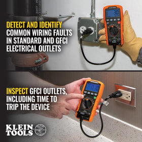 Klein Tools ET270 trip-time display for GFCI troubleshooting quick view.