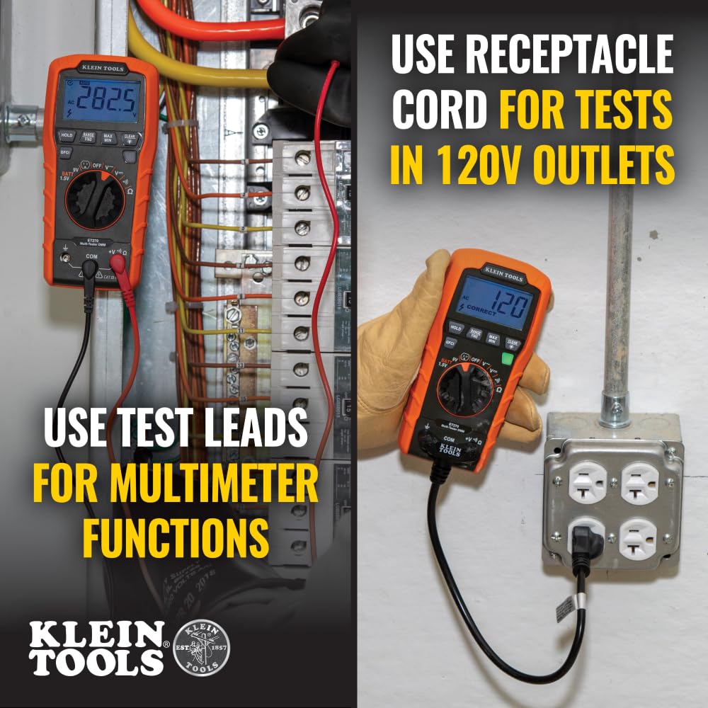 Klein Tools ET270 receptacle test view illustrating wiring checks.