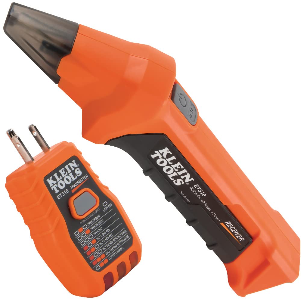 Klein Tools ET310 transmitter plugged into outlet for precise breaker identification.