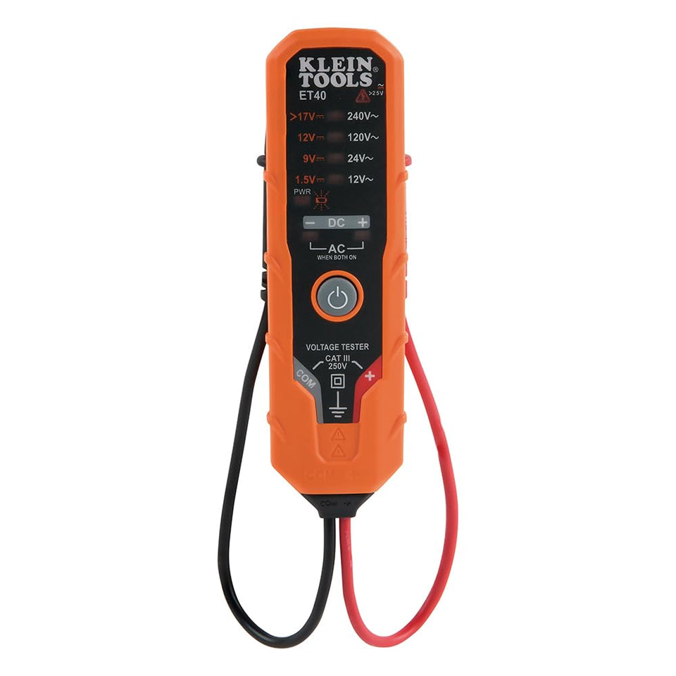 Klein Tools ET40 displays AC/DC voltage with clear LED readout for quick checks.