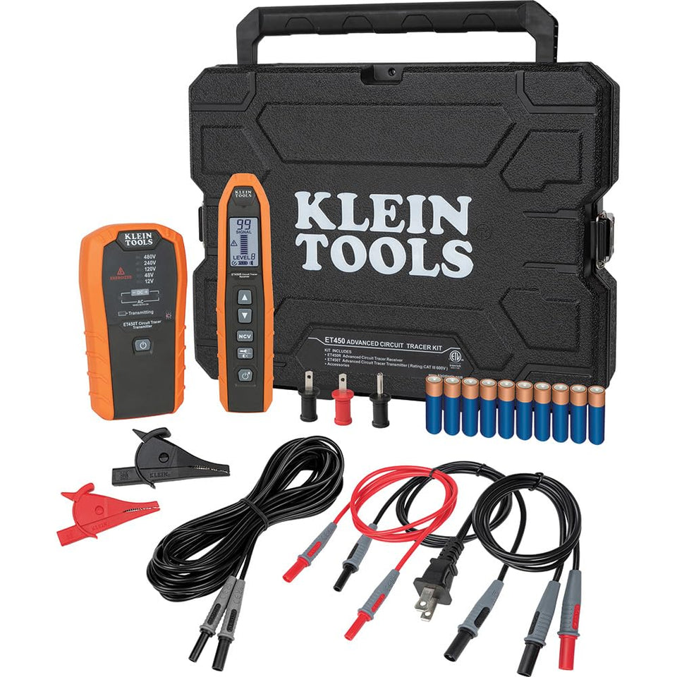 Klein Tools ET450 transmitter with external voltage indicators for quick voltage awareness.
