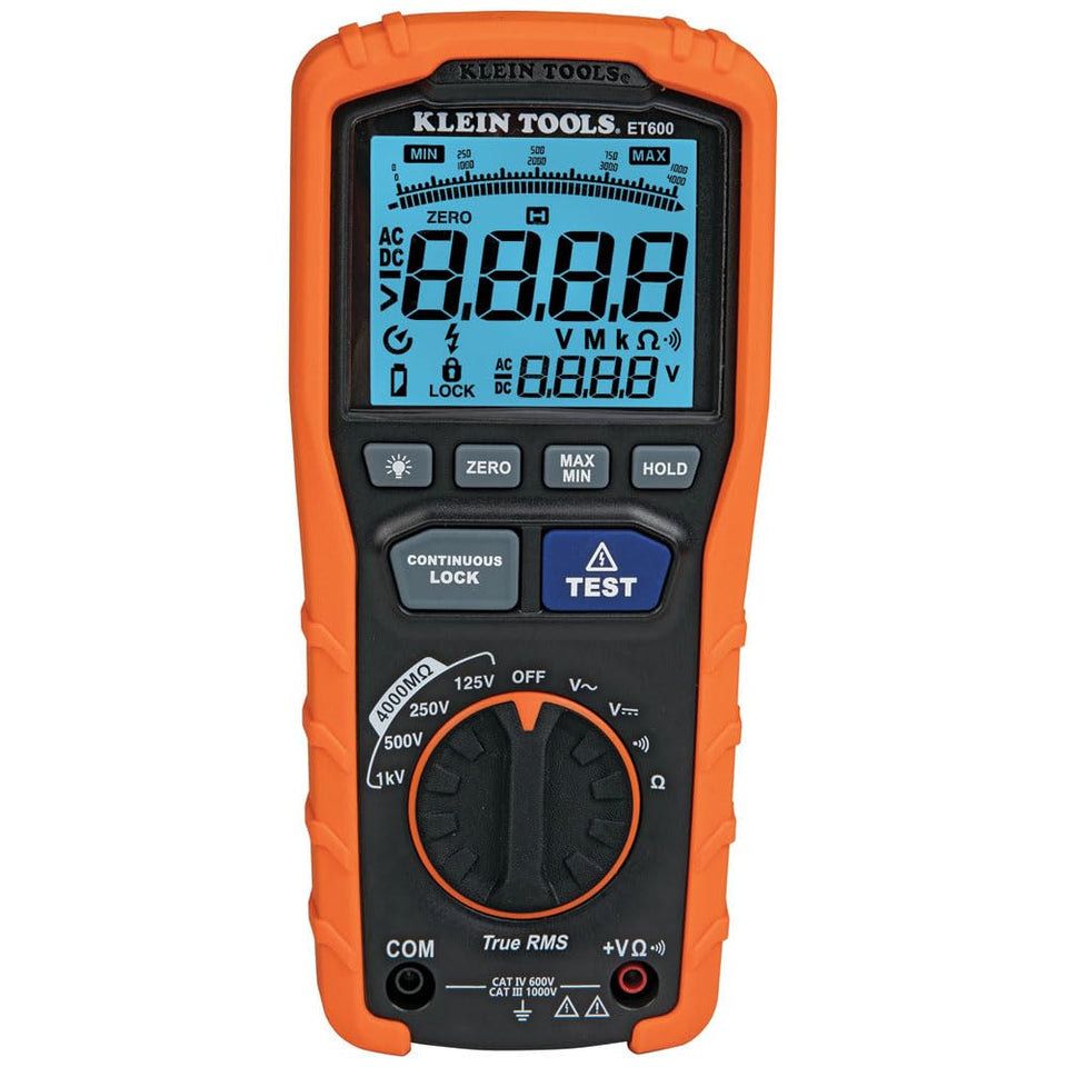 Klein Tools ET600 insulation resistance test at 125V for reliable checks.