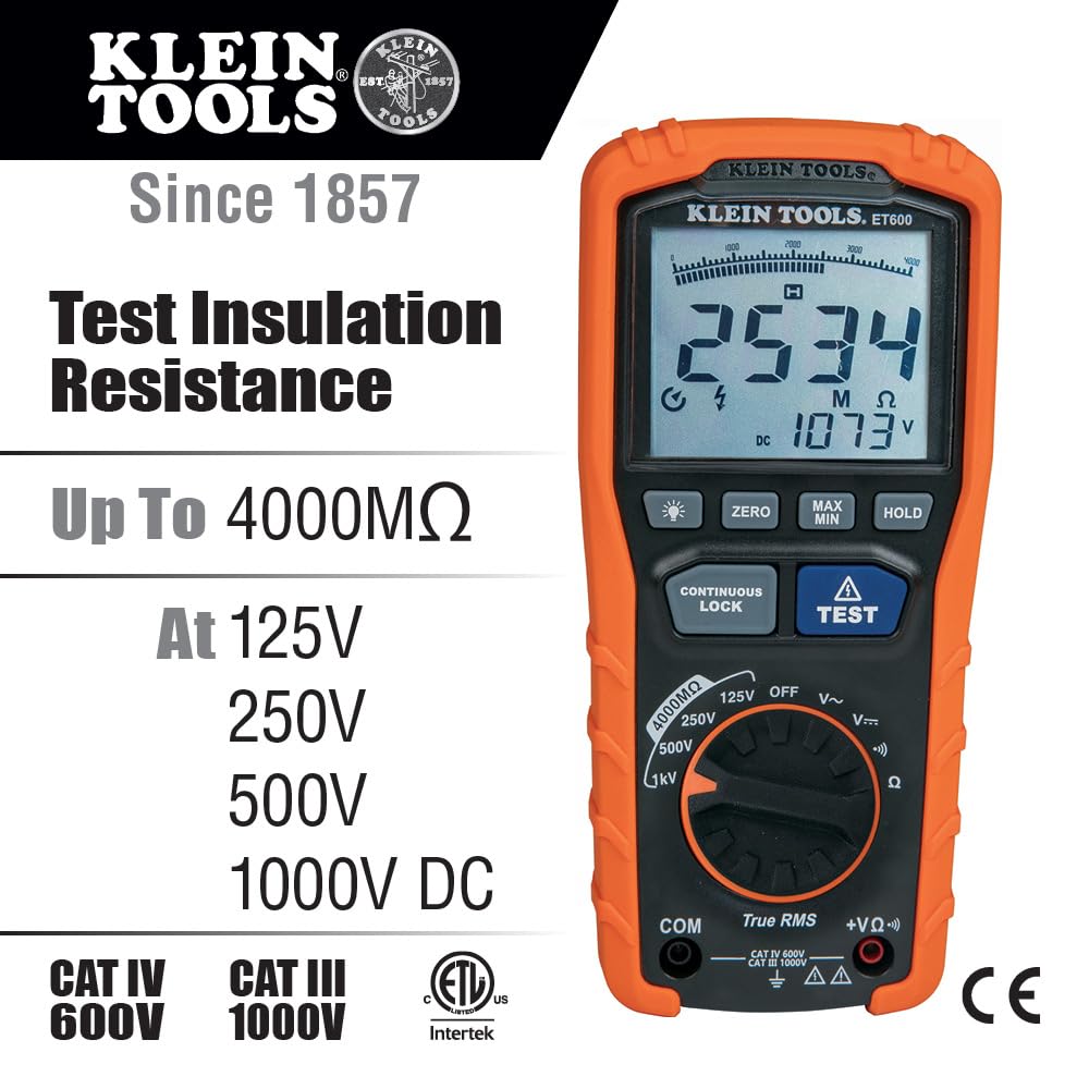 Klein Tools ET600 insulation resistance test at 250V for accurate evaluation.