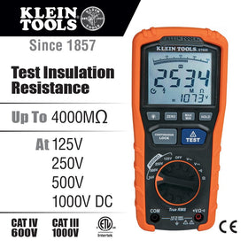 Klein Tools ET600 insulation resistance test at 250V for accurate evaluation.