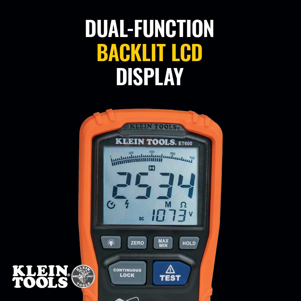 Klein Tools ET600 insulation resistance test at 500V for higher voltage assessments.
