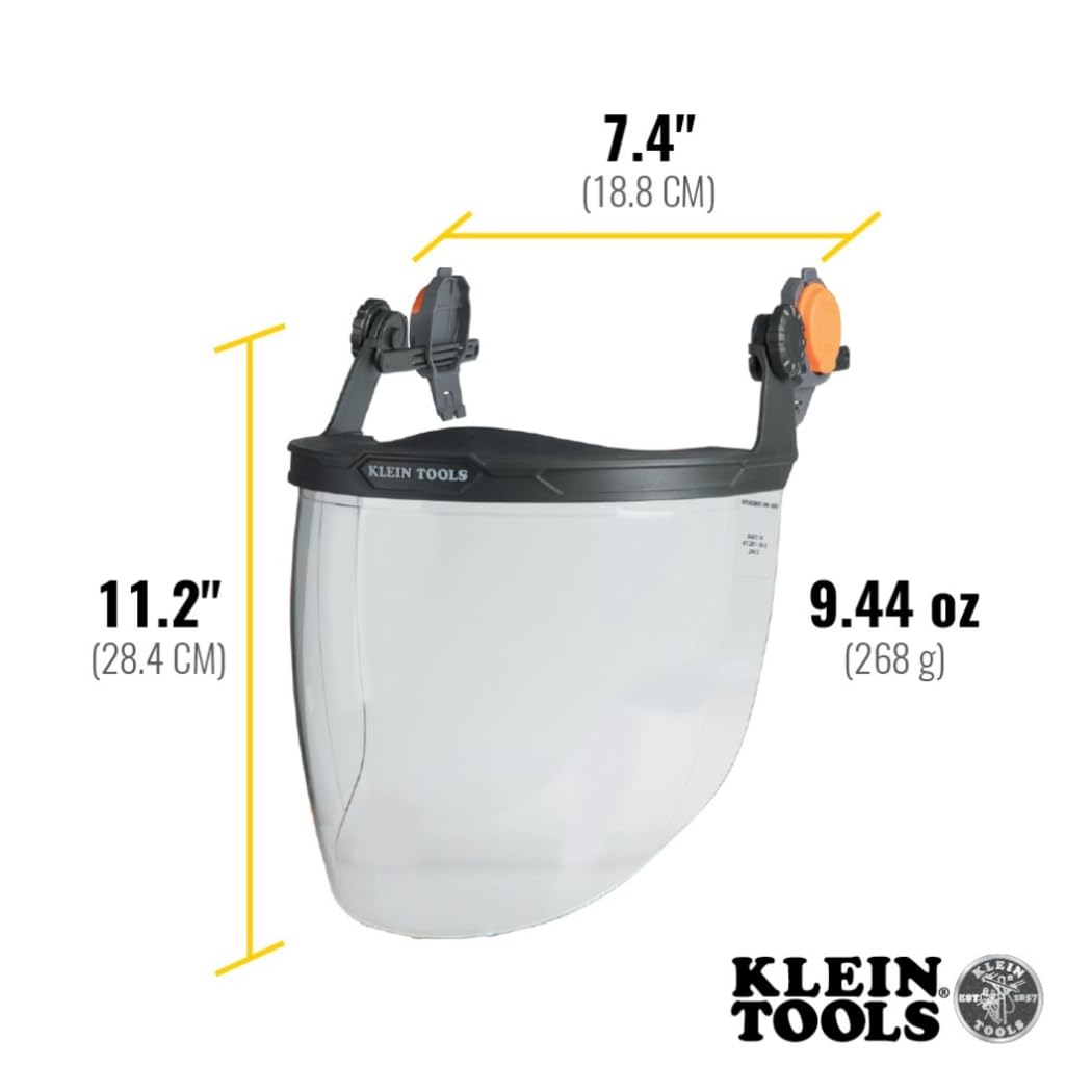 Klein Tools face shield anti-fog coating keeps visibility sharp in humid conditions.