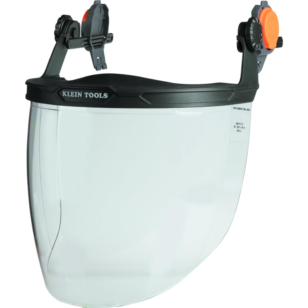 Klein Tools face shield with clear lens attached to a cap-style helmet for clear visibility.