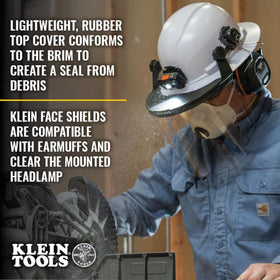 Klein Tools face shield is compatible with earmuffs for integrated hearing protection.