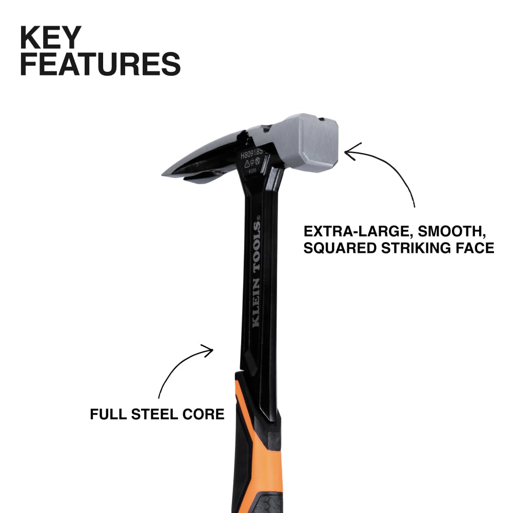 Klein Tools H80918S square face hammer enhances strike accuracy in tight spaces.