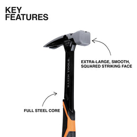 Klein Tools H80918S square face hammer enhances strike accuracy in tight spaces.