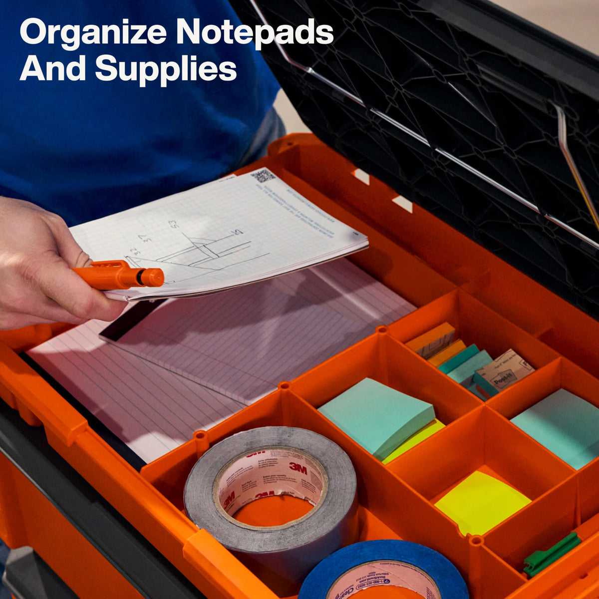 Klein Tools internal cubbies keep notebooks and supplies neatly organized.