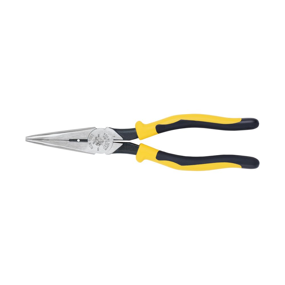 Klein Tools J203-8N long-nose close-up showing precise cutting for tight spaces.