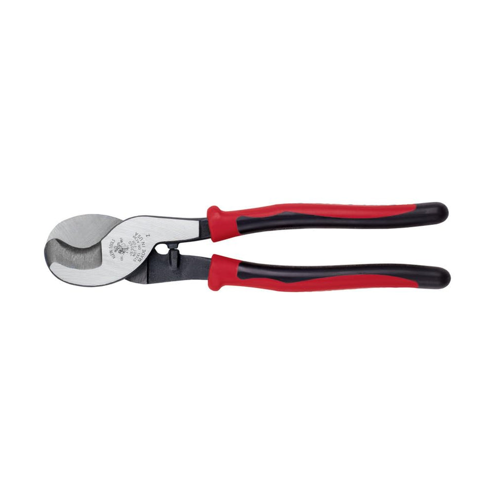 Klein Tools Journeyman Cable Cutter cutting aluminum for durable electrical work.