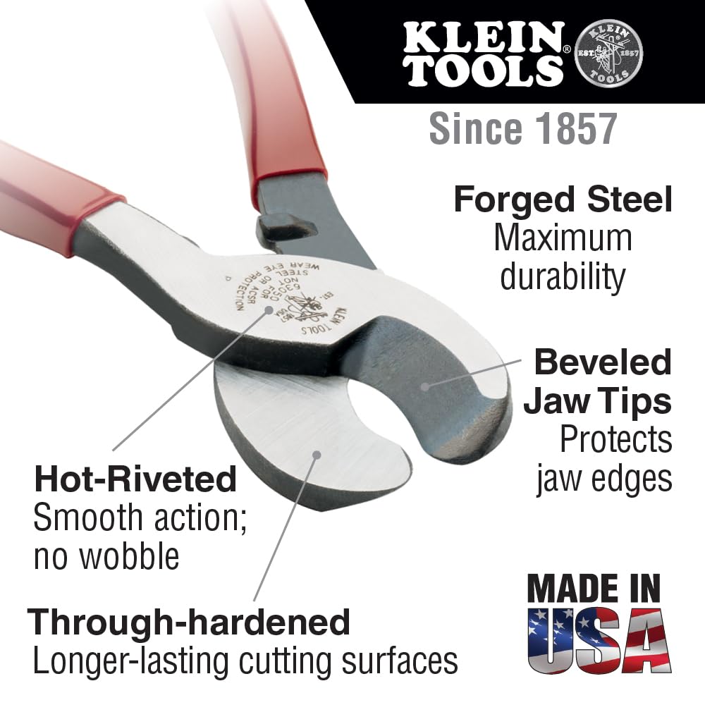 Klein Tools Journeyman Cable Cutter slicing copper with precision.