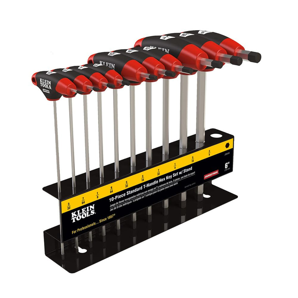 Klein Tools JTH610E t-handle hex keys on stand for organized workspace.