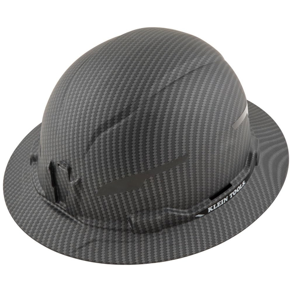 Klein Tools KARBN hard hat front view with full-brim protection for rugged sites.